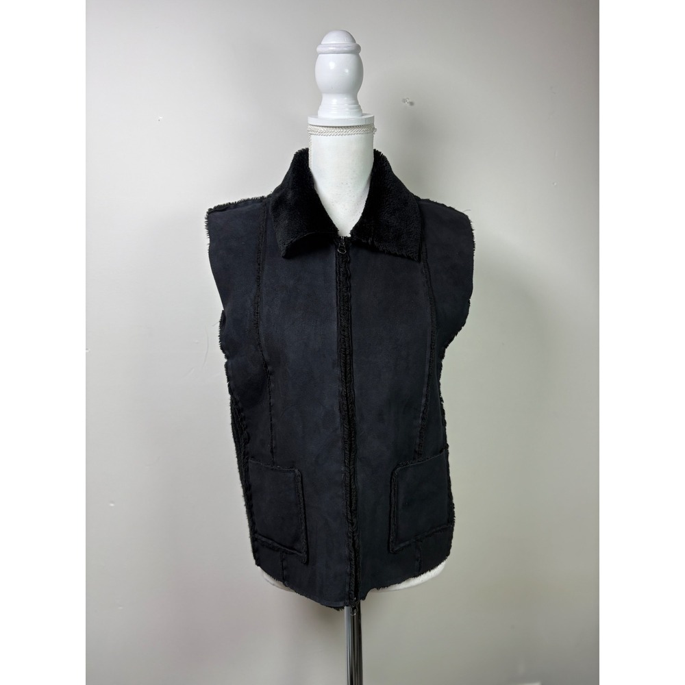 Designers Originals Studio Womens Black Faux Suede Ribbed Knit Zip Vest Large